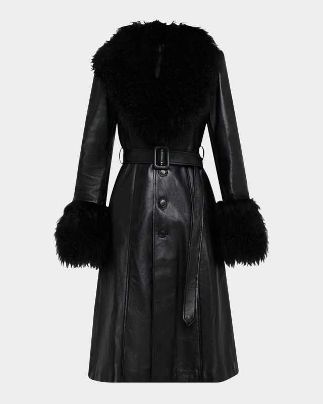 Solene Lamb Shearling Trim Belted Leather Coat